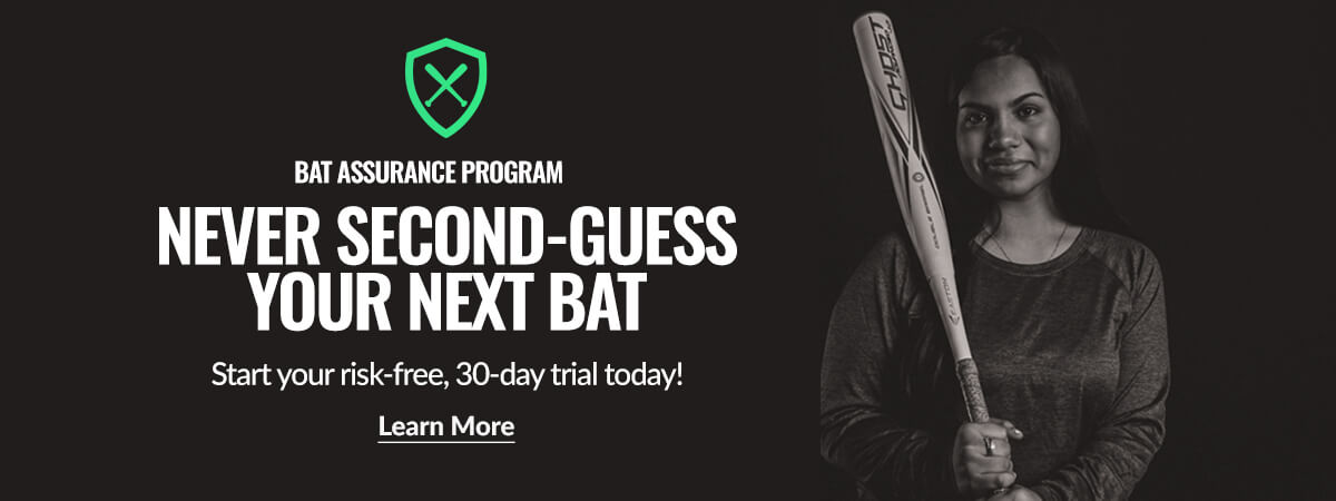 Woman holding a GHOST bat. Text: BAT ASSURANCE PROGRAM: NEVER SECOND-GUESS YOUR NEXT BAT. Start your risk-free trial!